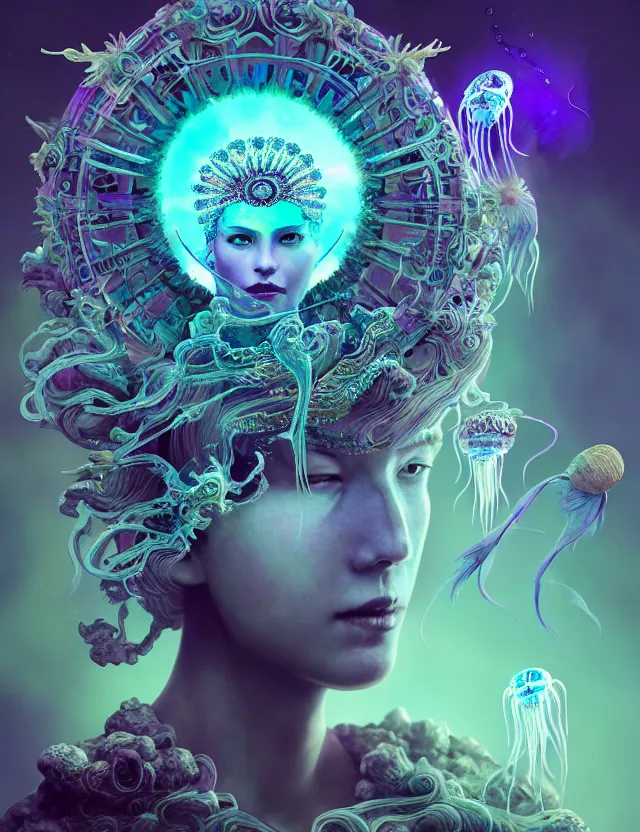 Image similar to goddess macro 3 / 4 profile portrait with crown made of ram skull. betta fish, jellyfish phoenix, bioluminiscent, plasma, ice, water, wind, creature, super intricate ornaments artwork by tooth wu and wlop and beeple and greg rutkowski