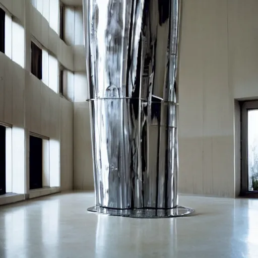 Prompt: giant Italian modern castle living room, clean minimalist design, that is 1300 feet tall, with very tall giant walks, giant modern stainless steel sculpture by John Chamberlain, photo by Annie Leibovitz