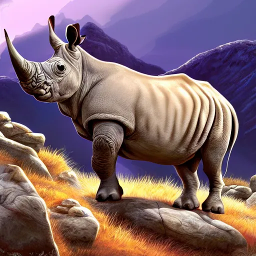 Image similar to digital painting of a white rhinoceros posing triumphantly on a craggy rock outcropping at sunrise, highly detailed, painted in the style of sam nielson on artstation, blizzard art