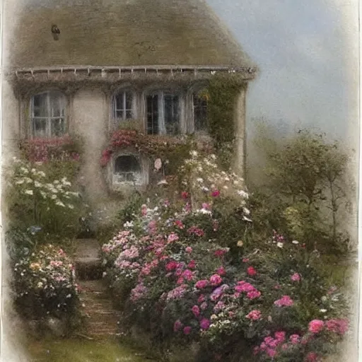 Image similar to (((((((victorian english cottage with a stone path and a flower garden))))))) . muted colors. by Jean-Baptiste Monge !!!!!!!!!!!!!!!!!!!!!!!!!!!!!!!!!!!!!!!!