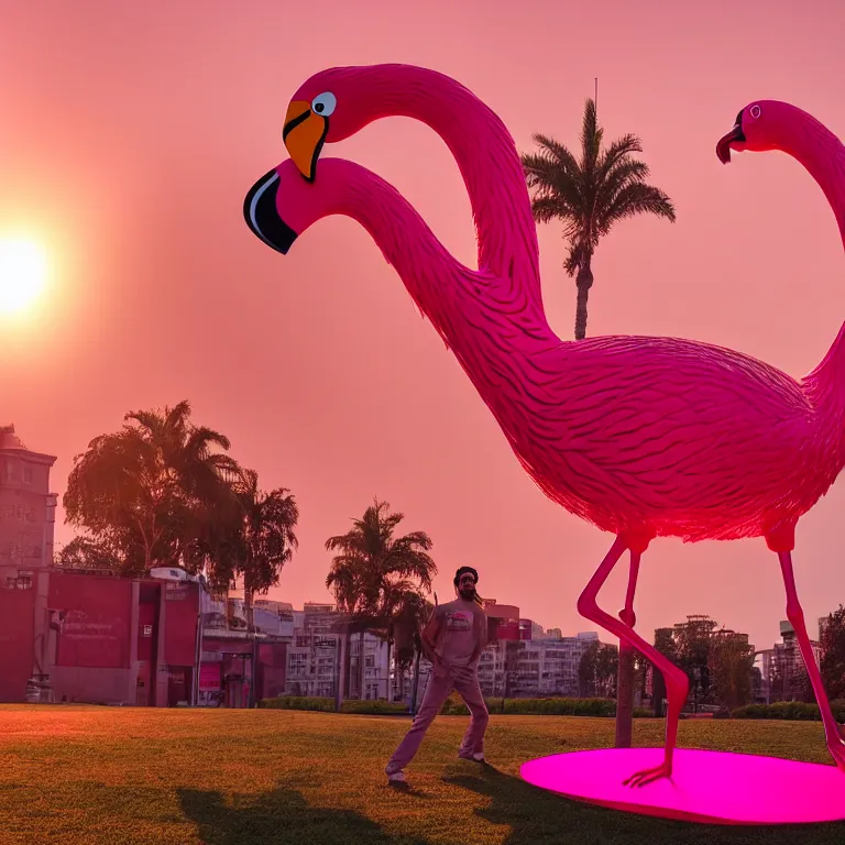 Prompt: photo by josh pierce and prateek vatash and roman bratschi, a giant massive pink flamingo robot, golden hour, backlit, 4 d, 4 k, ray tracing reflections, volumetric lighting and shadows,