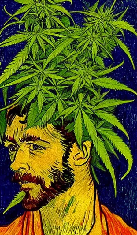 Image similar to devil spreads his hands against the background of growing cannabis. an oil painting in the style of van gogh