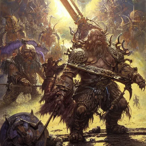 Image similar to art by donato giancola and bayard wu and gustav moreau and wayne barlowe, a fantasy cinematic shot of a dwarf berserker, fighting, warhammer, dnd, fighting monsters, octane render, hyperreal,