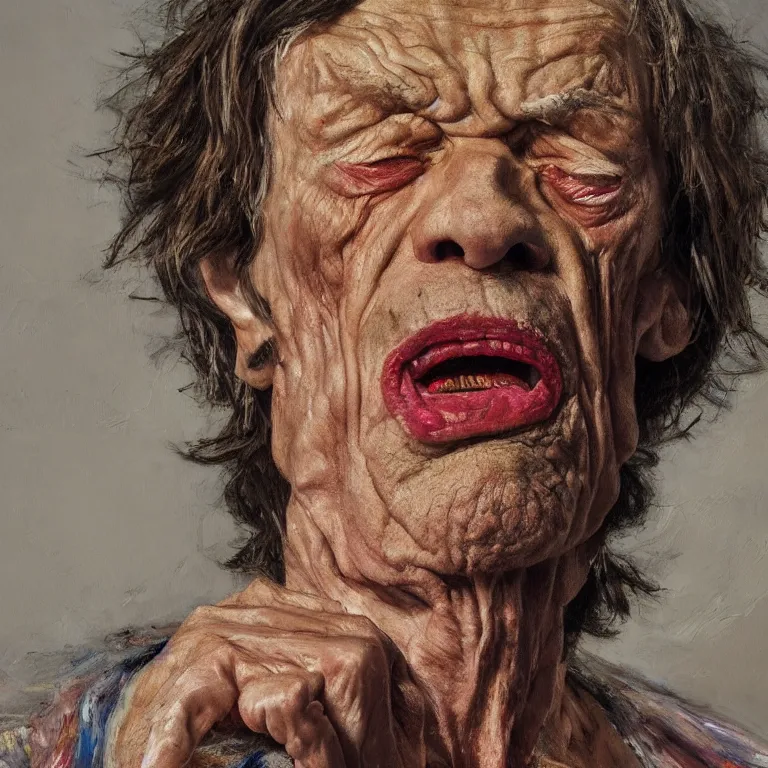 Prompt: warmly lit close up studio portrait of very old furiously angry!! Mick Jagger age 115 angrily singing, impasto oil painting thick brushstrokes by Cy Twombly and Lucian Freud and Tim Hawkinson , trending on artstation dramatic lighting Expressionism