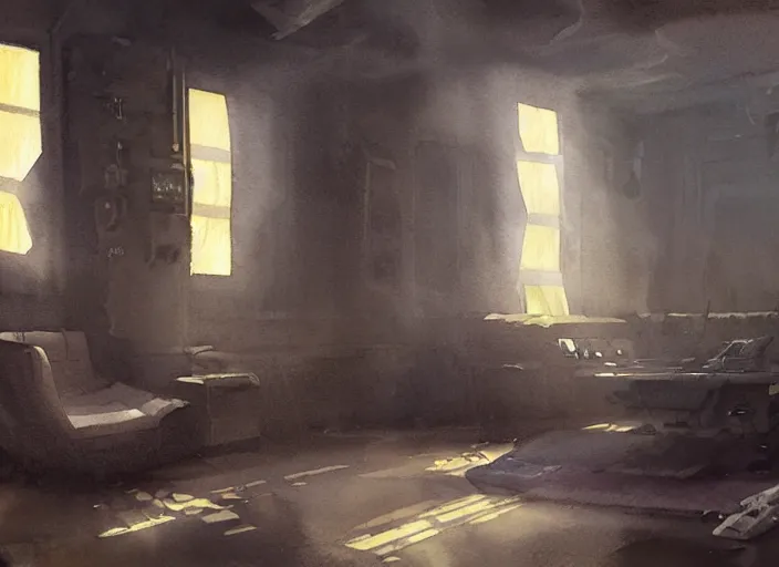 Prompt: watercolor painting abandoned 8 0 s space ship interior, haunting, old computer lights, very beautiful ambient lighting, sun rays, dust, art by anders zorn, wonderful masterpiece by greg rutkowski, cinematic light, american romanticism by greg manchess, creation by tyler edlin