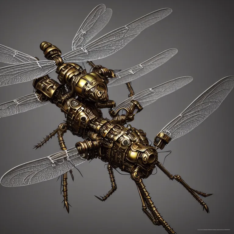 Prompt: steampunk robot dragonflies, 3 d model, unreal engine realistic render, 8 k, micro detail, intricate, elegant, highly detailed, centered, digital painting, artstation, smooth, sharp focus, illustration, artgerm, wlop