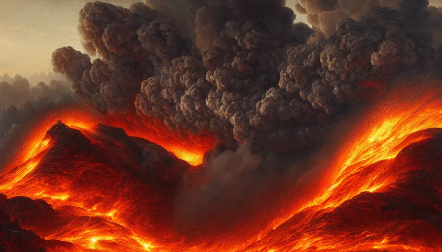 Image similar to baroque painting of humongous volcano exploding, lava everywhere, burning kingdoms, hyperdetailed, artstation, cgsociety, 8 k