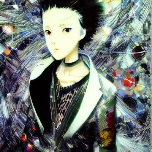 Image similar to Yoshitaka Amano realistic illustration of an anime girl with short white hair and black eyes wearing tuxedo, abstract black and white patterns on the background, noisy film grain effect, highly detailed, Renaissance oil painting, old tv glitch effect