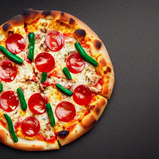 Image similar to A pizza with knives as toppings, realistic, ultra high detail, 8k, close up.