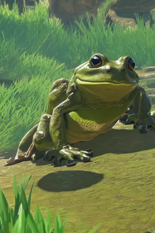 Image similar to in game footage of a frog from the legend of zelda breath of the wild, breath of the wild art style.