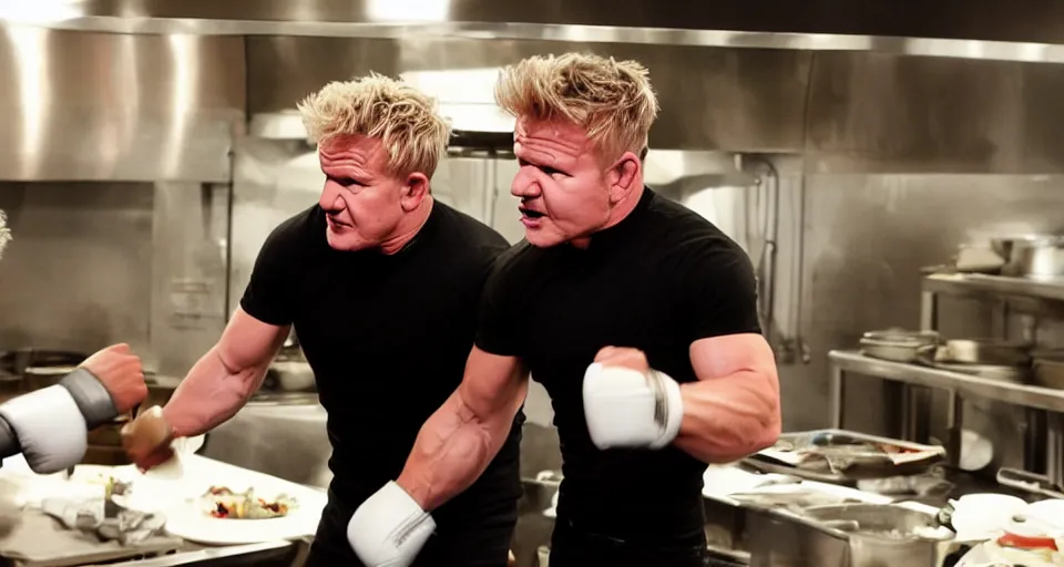 Image similar to photo of angry furious Gordon Ramsay punching Gordon Ramsay at the kitchen