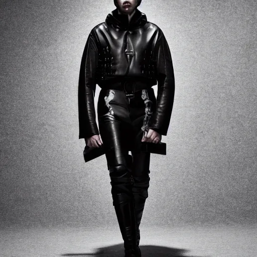 Prompt: an award - winning editorial photo of a male model wearing a baggy designer medieval cropped leather menswear jacket by alexander mcqueen, 4 k, studio lighting