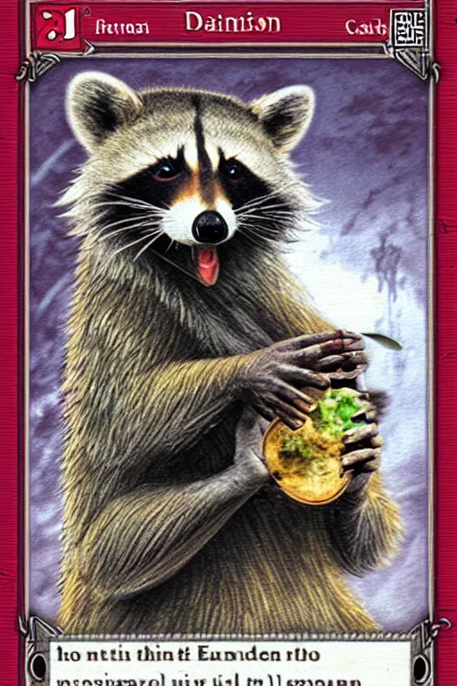 Prompt: dominion eurogame card showing a raccoon eating. fantasy deviantart