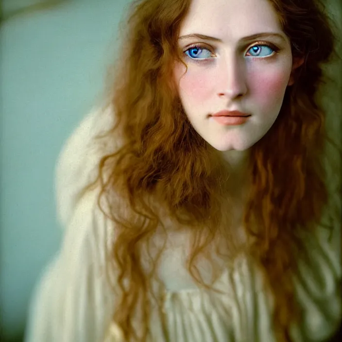 Image similar to Kodak Portra 400, 8K, soft light, volumetric lighting, highly detailed, britt marling style 3/4, view from above of close-up portrait photo of a beautiful woman, pre-Raphaelites painter, Huge blue eyes, with velvety brown lashes. girlish woman who looks extremely fragile and sickly, like a neurasthenic Victorian maiden. Hair is light brown in long curls; skin is pale. Pretty in a frivolous, invalid way. Gives the impression of being slight. , Realistic, Refined, Highly Detailed, natural outdoor soft pastel lighting colors scheme, outdoor fine art photography, Hyper realistic, photo realistic,warm lighting,