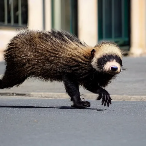 Prompt: honey badger walking down the street ignoring people shouting at him