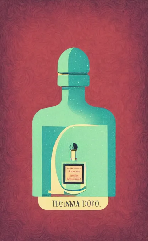 Image similar to illustration, close - up photo with beautiful bottle of perfume near nose, sniffing the aroma, an art deco painting by tom whalen, digital illustration, storybook illustration, grainy texture, flat shading, vector art, airbrush, pastel, watercolor, poster