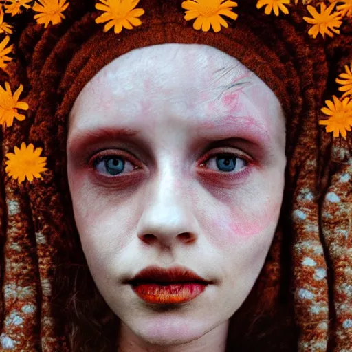 Image similar to realistic expired kodak film portrait of albino india woman tentacled creature mix, marigold celestial vibe, hyperrealism, hypermaxiymalism, photorealistic, detailed, atmospheric, 8 k, award winning photography, cinematic