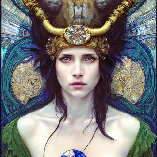 Image similar to Portrait of Princess Mononoke drawn by Donato Giancola and Tom Bagshaw, face by Artgerm, overall design by Alphonse Mucha, background by James Jean and Gustav Klimt, light by Julie Bell, 4k, porcelain skin, komorebi, french nouveau, trending on artstation, octane render, hyperrealistic