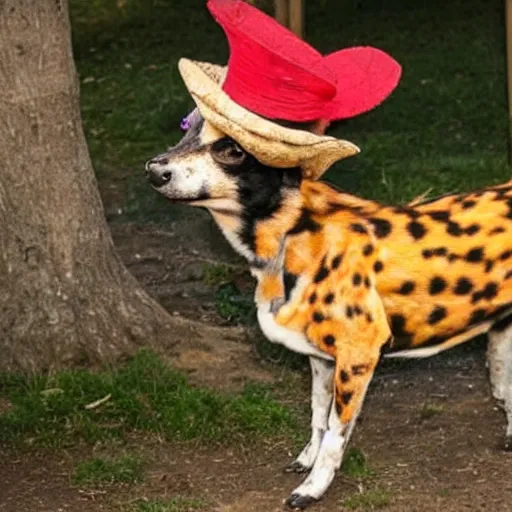 Image similar to A photo of the world's greatest showman: the african painted dog dressed in a hat!