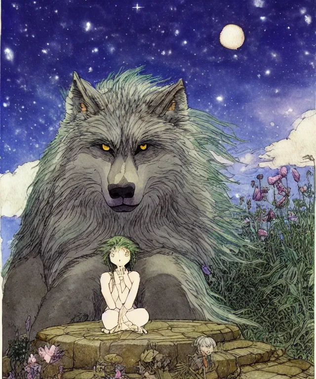 Prompt: a hyperrealist studio ghibli watercolor fantasy concept art. in the foreground is a giant long haired grey wolfman sitting in lotus position on top of stonehenge with shooting stars all over the sky in the background. by rebecca guay, michael kaluta, charles vess