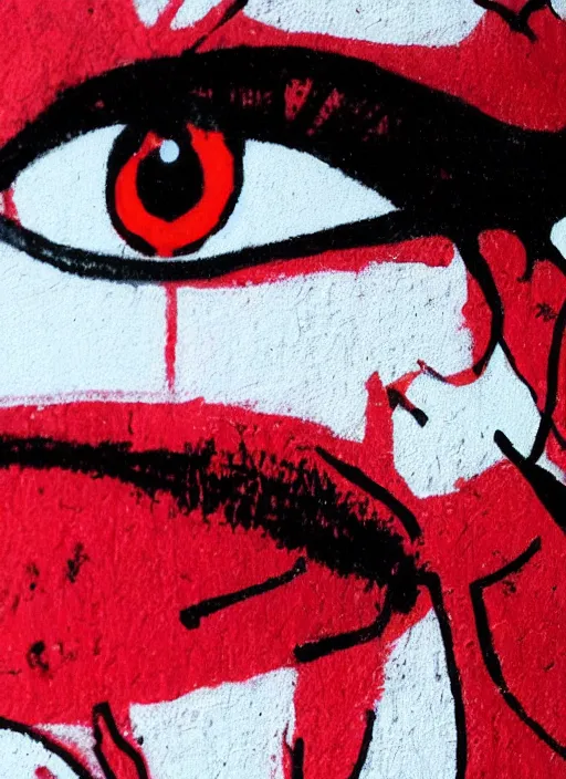 Image similar to a woman's graffiti on a white wall with a red felt - tip pen. women's eyes are made of insect's compound eyes.