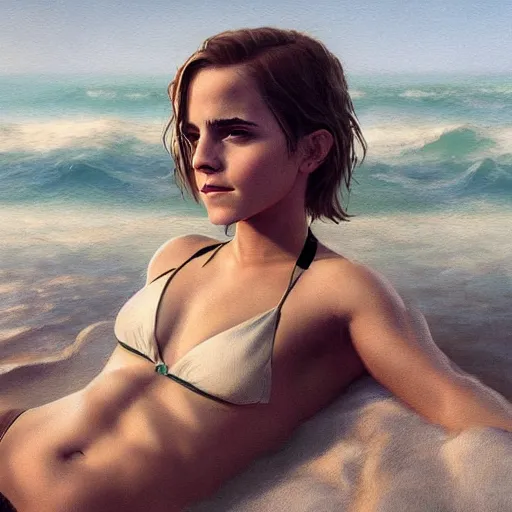 Image similar to detailed painting of emma watson wearing a bikini, 8 k, by greg rutkowski, artgerm, global illumination