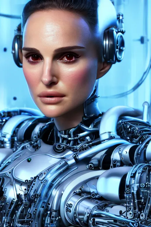 Image similar to close up headshot of Natalie Portman as a female android, intricately detailed mechanical parts, complicated circuits and wires, beautiful gazing symmetric blues eyes, unreal engine, path tracing, 8k, artstation, 3/4 profile