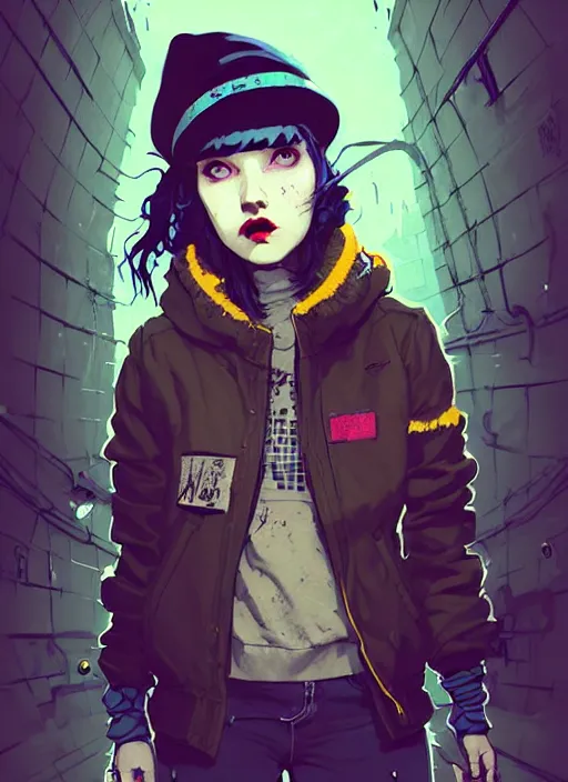 Image similar to highly detailed portrait of a sewer punk lady student, blue eyes, tweed hoody, hat, wavy hair by atey ghailan, by greg rutkowski, by greg, tocchini, by james gilleard, by joe fenton, by kaethe butcher, gradient yellow, black, brown and cyan color scheme, grunge aesthetic!!! ( ( graffiti tag street background ) )