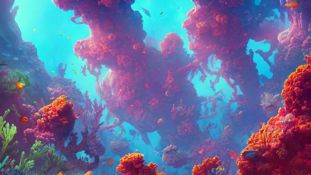 Image similar to ancient alien planet covered in colorful coral reefs and fish swimming around them, by sylvain sarrailh, rossdraws, ambient light, ultra detailed, fantasy artwork, 8 k, volumetric lighting, trending on artstation, award winning, beautiful scenery, very beautiful.
