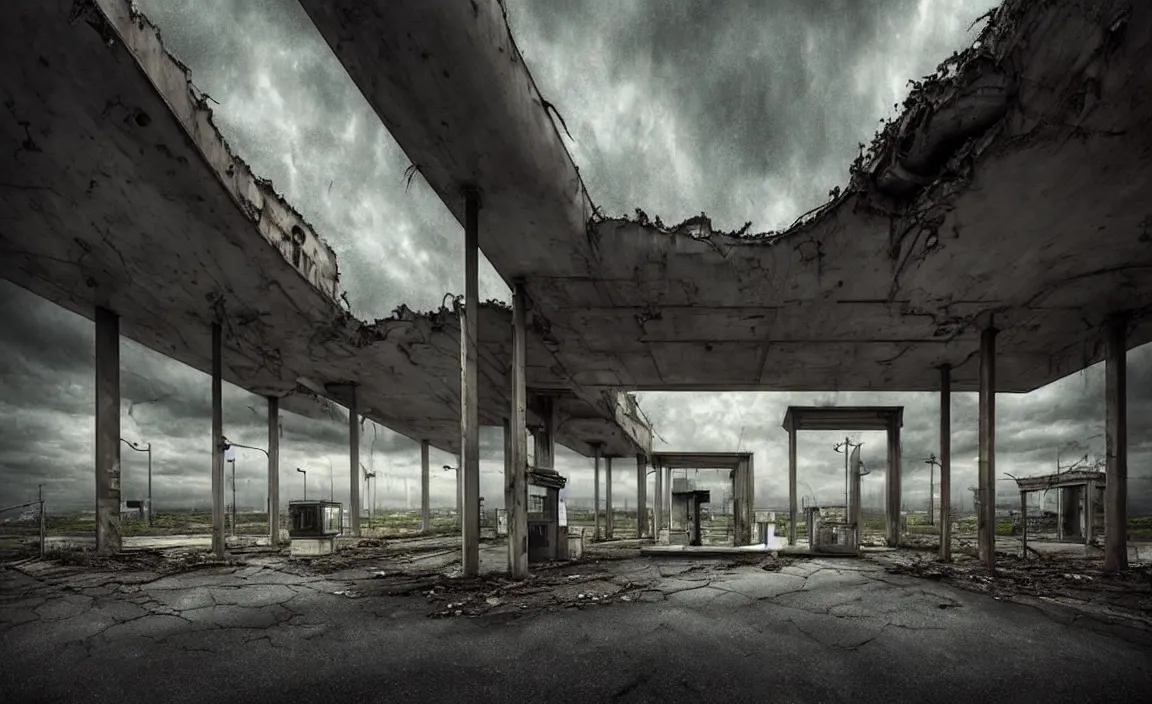 Image similar to epic professional digital art of abandoned italian eni gas station, faint taupe moody atmospheric lighting, painted, intricate, detailed, detailed, foreboding, by leesha hannigan, wayne haag, reyna rochin, ignacio fernandez rios, mark ryden, iris van herpen,, epic, stunning, gorgeous, much wow, cinematic, masterpiece.