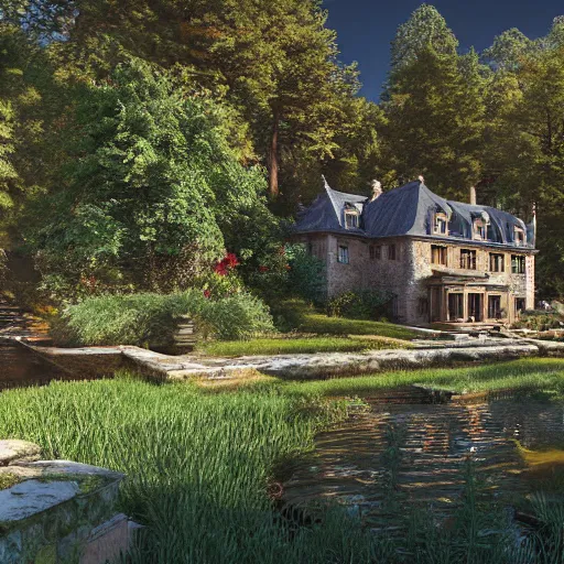 Prompt: a georgian manor house next to a pine forest, with a fishpond and courtyard, blue sky, sunny, detailed, volumetric, cinematic lighting, realistic, digital art by greg rukowski