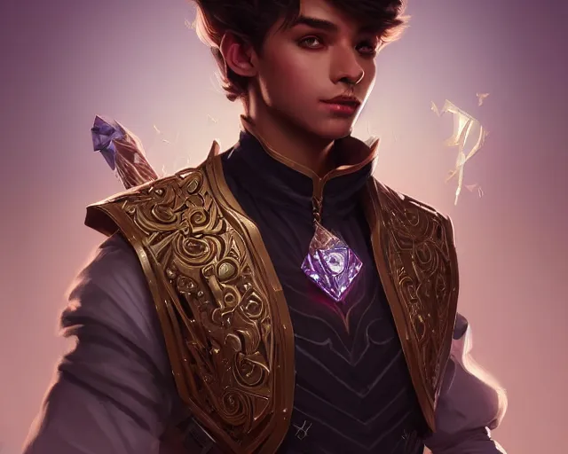 Prompt: young shadow mage male, wearing a vest with diamond pattern, joyful, d & d, fantasy, intricate, elegant, full body, highly detailed, digital painting, artstation, concept art, matte, sharp, illustration, hearthstone, art by artgerm and greg rutkowski and alphonse mucha