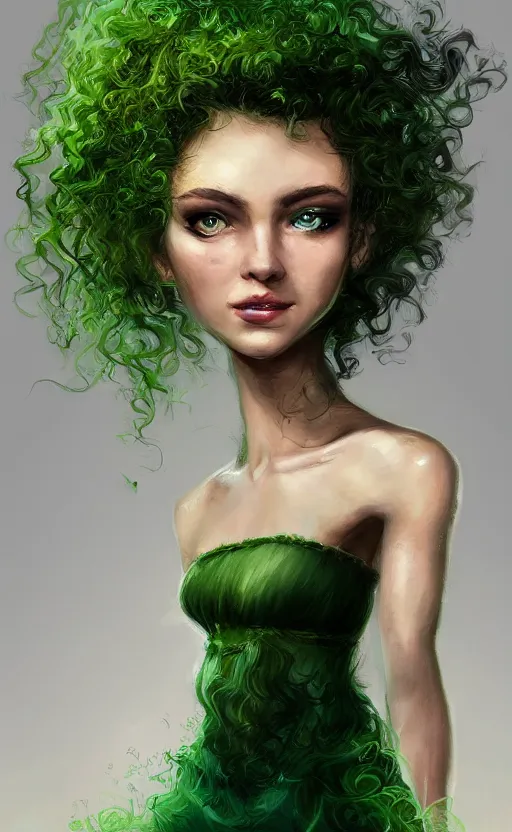 Prompt: a young woman with wild, curly hair and bright green eyes. she's wearing a flowing dress made of light, airy fabric and she has a mischievous look on her face, dynamic lighting, photorealistic fantasy concept art, trending on art station, stunning visuals, creative, cinematic, ultra detailed