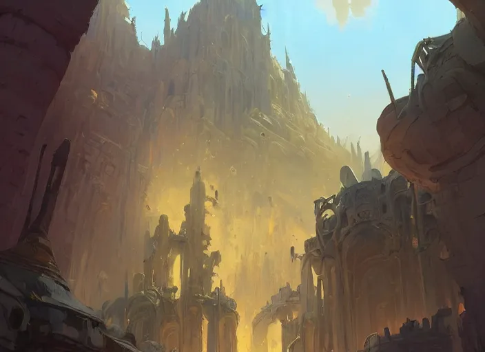 Image similar to architectural cover concept art of the lost sand city, ruins, golden towers, golden pillars, volumetric lighting, official fanart behance hd artstation by Jesper Ejsing, by RHADS, Makoto Shinkai and Lois van baarle, ilya kuvshinov, rossdraws