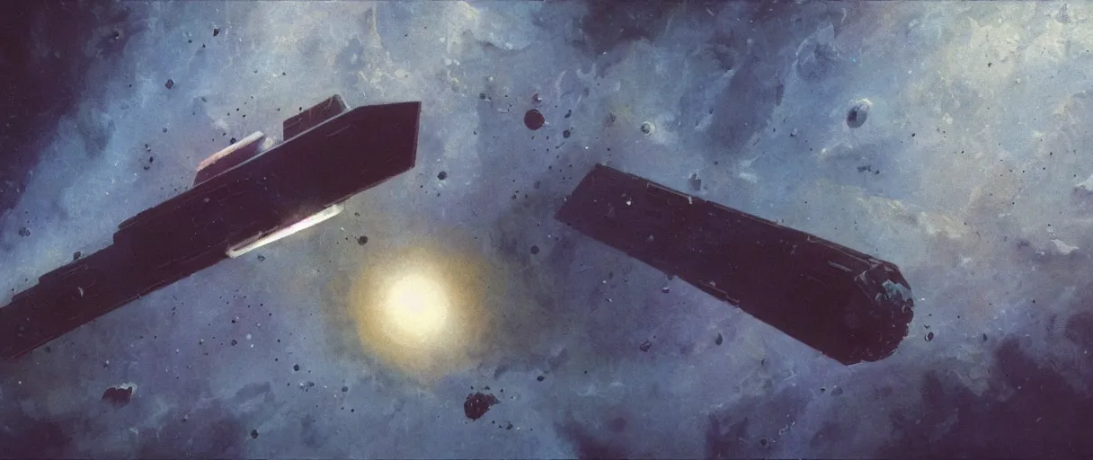 Image similar to concept art, a single lonely spaceship drifting in space, exploring, the expanse tv series, industrial design, lost in the immensity of space, spatial phenomena, cinematic lighting, 4k, greebles, widescreen ratio, wide angle, beksinski, sharp and blocky shapes