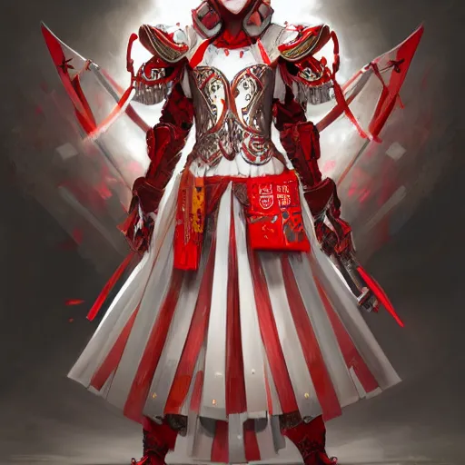 Prompt: albino maiko in a ornated armor preparing for war, full body, dynamic pose, red and white neon, concept art, intricate details, highly professionally detailed, cgsociety, highly detailed -