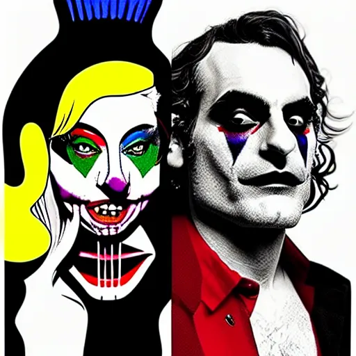 Image similar to richard hamilton and mimmo rottela as lady gaga harley queen and joaquin phoenix joker couple, pop art, 2 color, left and right align, object details, dynamic composition, 4 k, ultra realistic art, smooth, sharp focus, illustration, concept art, intricate details, h 7 6 8