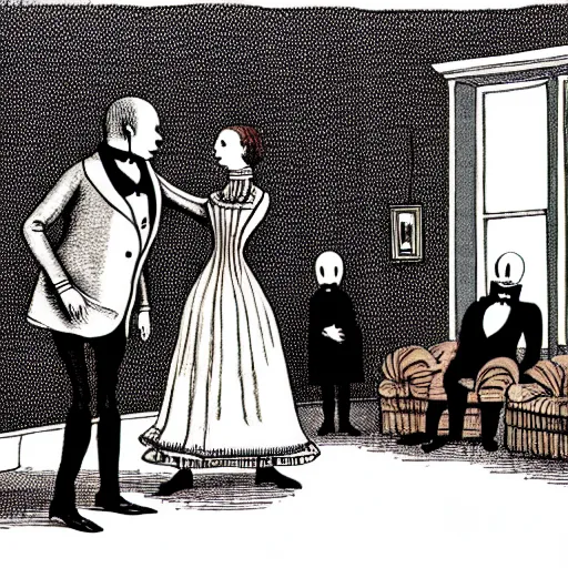 Image similar to Edward Gorey illustration of a victorian living room with costumed people dancing