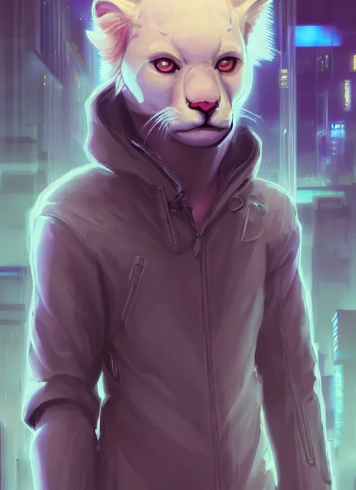 Image similar to award winning beautiful portrait commission of a male furry anthro albino mountain lion fursona with a tail and a cute beautiful attractive detailed furry face wearing stylish cyberpunk clothes in a cyberpunk city at night while it rains. Vaporwave. Character design by charlie bowater, ross tran, artgerm, and makoto shinkai, detailed, inked, western comic book art