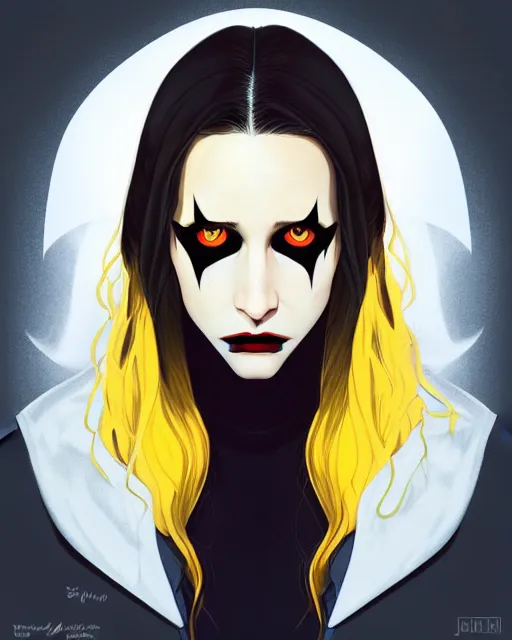 Image similar to in the style of Joshua Middleton and artgerm, beautiful evil vampire Taissa Farmiga sharp bloody vampire fangs open mouth, yellow eyes, symmetrical eyes, realistic face, symmetrical face, long black hair, full body, moody lighting