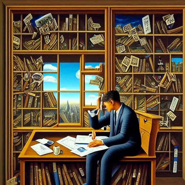 Image similar to an oil on canvas portrait of a business man in his office studying, surrealism, surrealist, cosmic horror, rob gonsalves, high detail