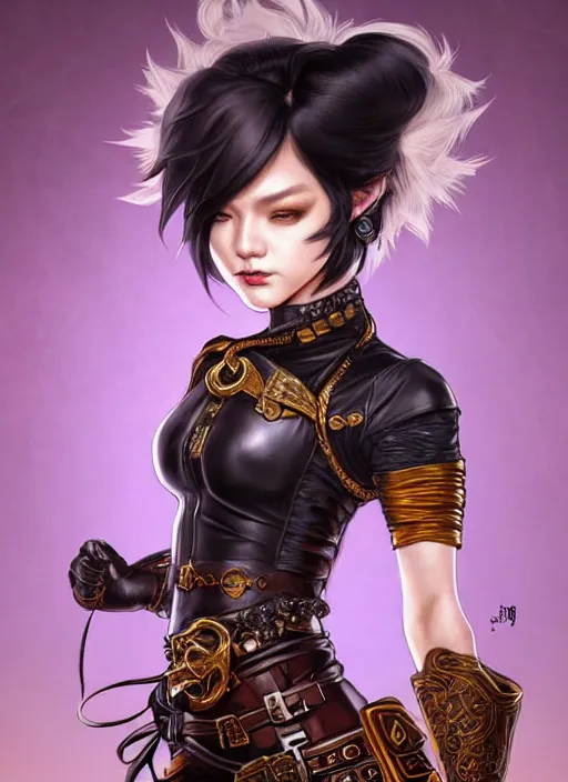 Image similar to rogue, fantasy ornate leather bandit outfit!!! beautiful and athletic short hair female!! gorgeous face and eyes!! character concept art, sharp focus, octane render! unreal engine 5! highly rendered!! trending on artstation!! detailed linework!! illustration by chie yoshii, artgerm, and wlop