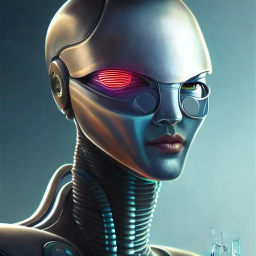 Image similar to concept art portrait of an friendly and peacful cyberpunk robot, fine details, magali villeneuve, artgerm, rutkowski