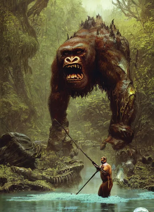 Prompt: huge hulking brute swamp demon king like silverback gorilla standing by river on alien planet at midday by sergey kolesov and lawrence alma tadema and norman rockwell and greg staples and craig mullins and john berkey and ruan jia, artstation creature art