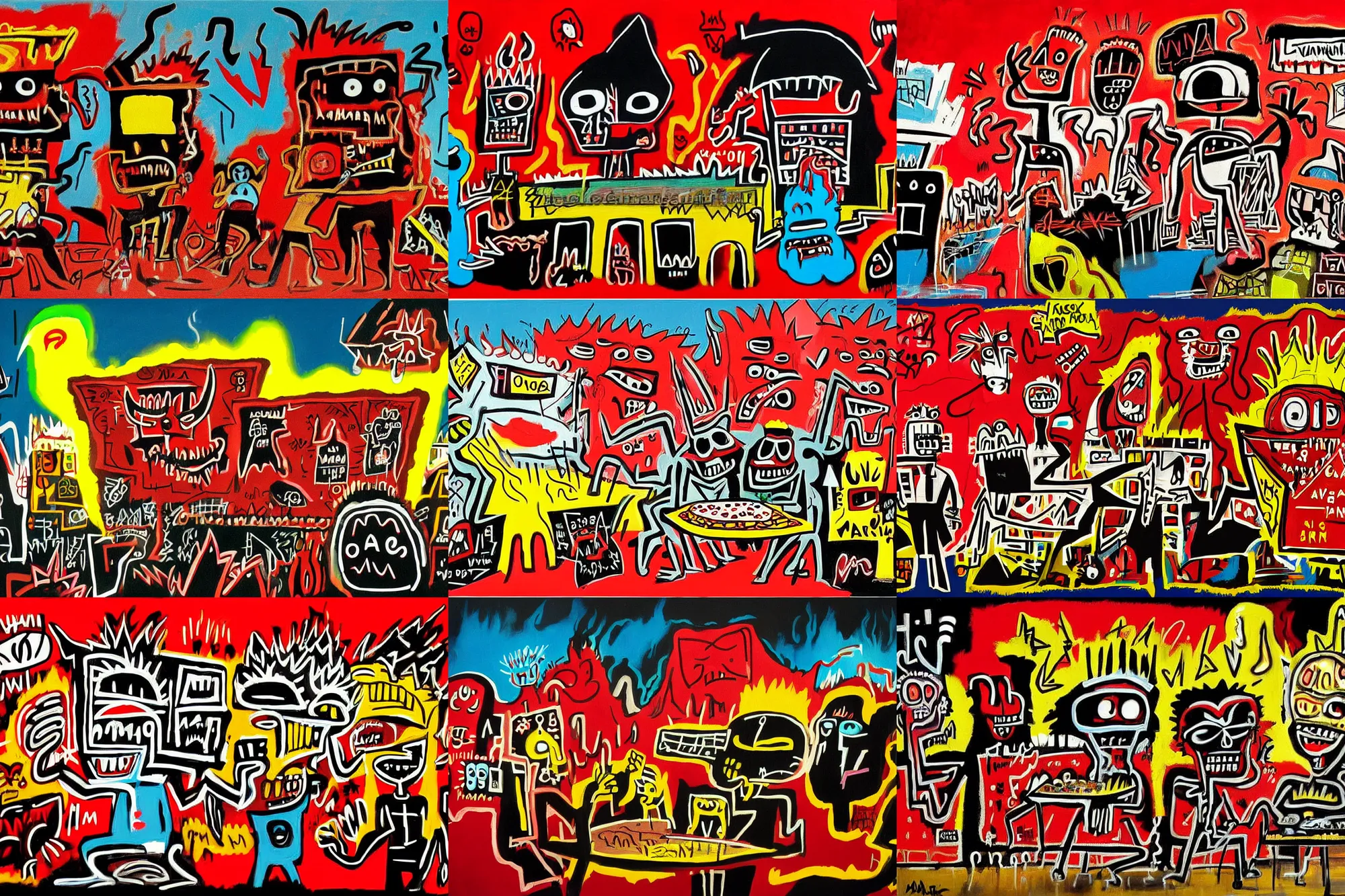 Prompt: masked demons grabbing a large pizza!!!, in the background is a volcano spewing lava and black smoke, streams of glowing hot lava, flashes of lightning in the distance. wide angle, long shot, an ultrafine detailed painting by jean - michel basquiat, deviantart, pop surrealism