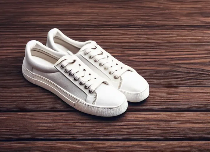 Prompt: clear highly detailed photorealistic topdown mockup product photograph of a realistic pair of sneakers on a wooden background