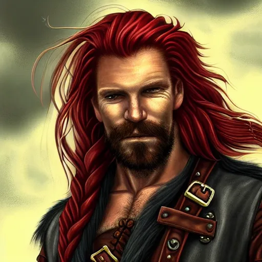 Image similar to portrait of a rugged!!!! male captain with long red hair!!!!!!, upper body, flowing hair, ethereal, handsome, smirk, leather coat, pirate!!!!!!!, ocean, D&D, fantasy, simple clothing!!!!, elegant, highly detailed, digital painting, cinematic lighting, stunning lighting, sensual, deviantart, artstation, concept art, sharp focus, illustration, art by Artgerm and Greg Rutkowski and Alphonse Mucha