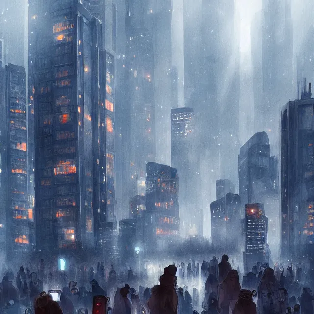 Image similar to a city full of mindless humanoids staring at there phones in a cold and dark metropolis, trending on artstation hq, deviantart, pinterest, 4 k uhd image