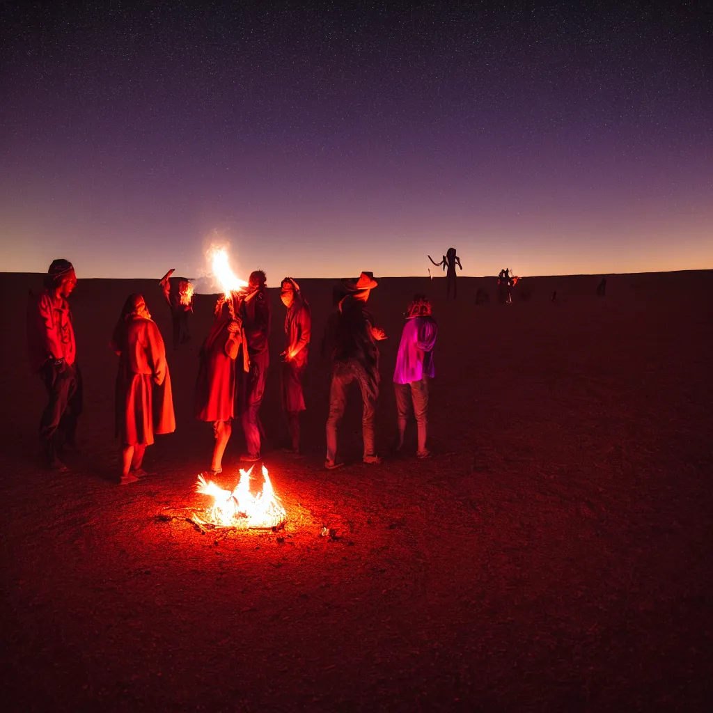 Image similar to atmospheric long exposure night photograph of three ravers, two men, one woman, woman is in a trenchcoat, blessing the soil at night, people facing fire circle, two aboriginal elders, dancefloor kismet, diverse costumes, clean composition, starlight bokeh, desert transition area, bonfire, atmospheric night, australian desert, symmetry, sony a 7 r