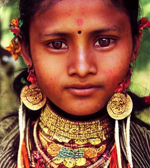 Prompt: vintage_closeup portrait_photo_of_a_stunningly beautiful_nepalese_maiden with amazing shiny eyes, 19th century, hyper detailed by Annie Leibovitz and Steve McCurry, David Lazar, Jimmy Nelsson